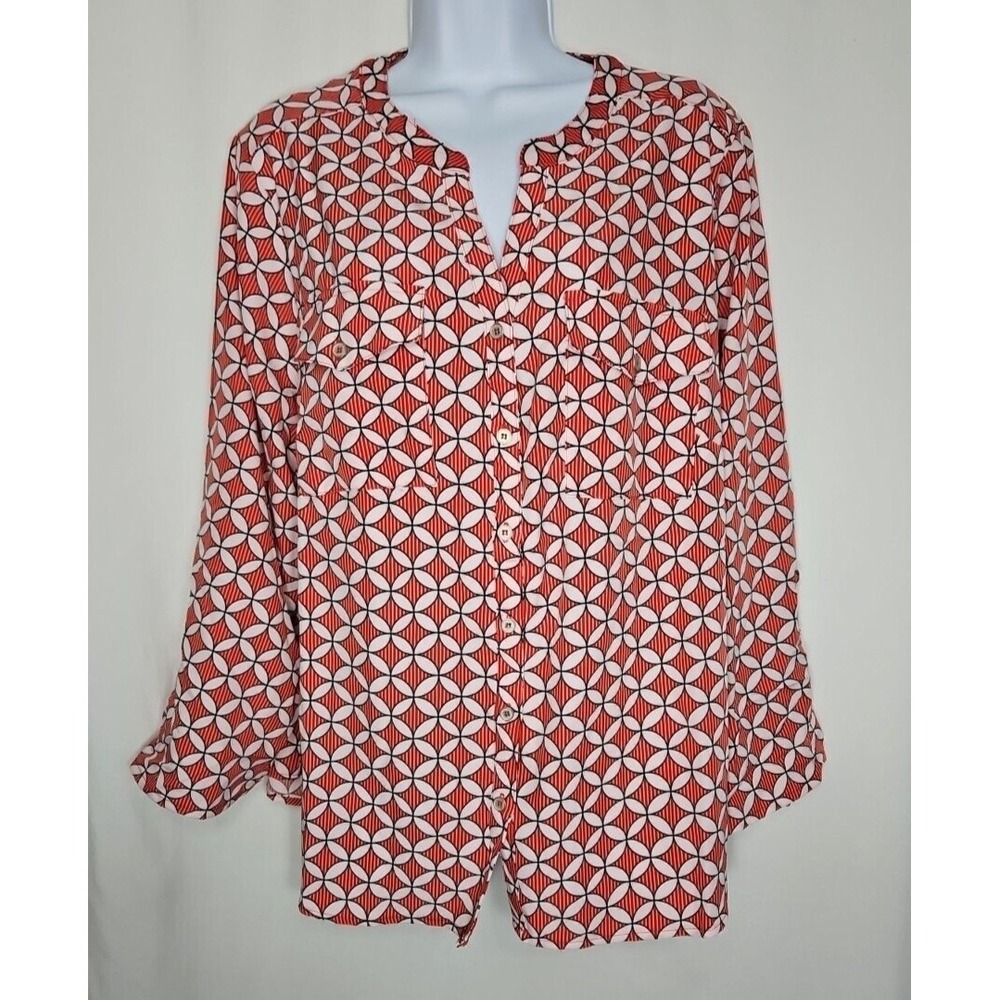 Notations Women's Red White Button Up Long‎ Sleeve Blouse Size 2X NWOT